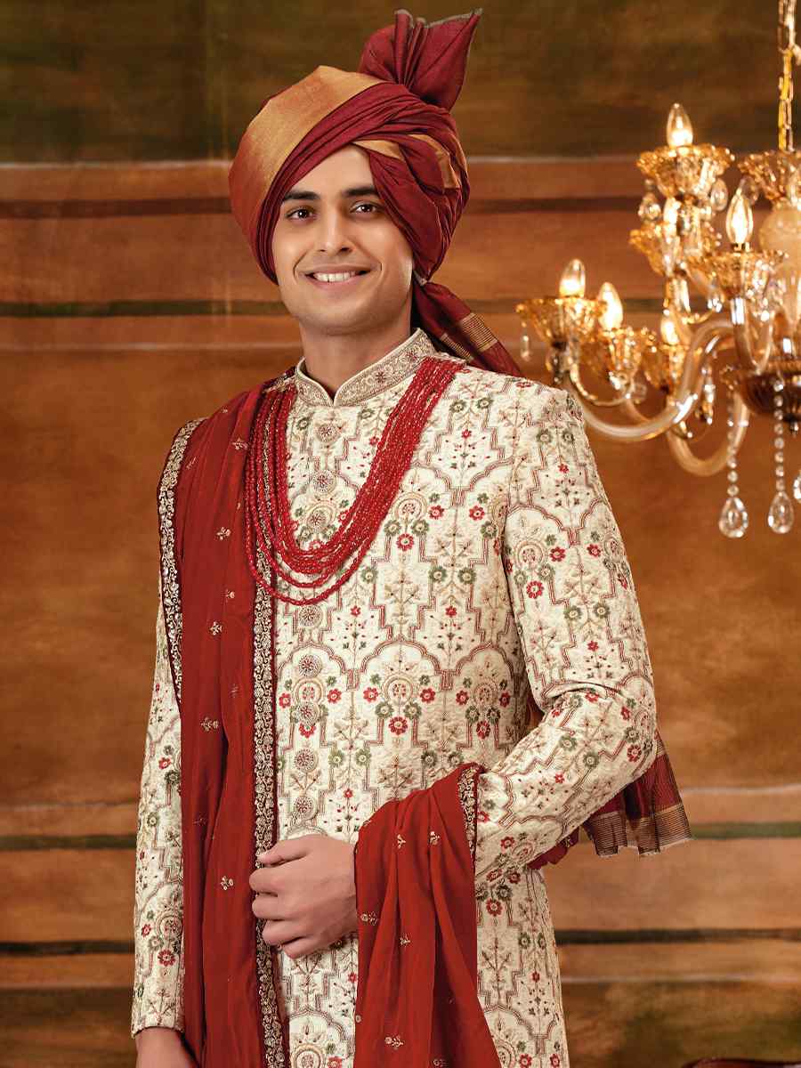 Cream Art Silk Embroidered Wedding Groom Sherwani
