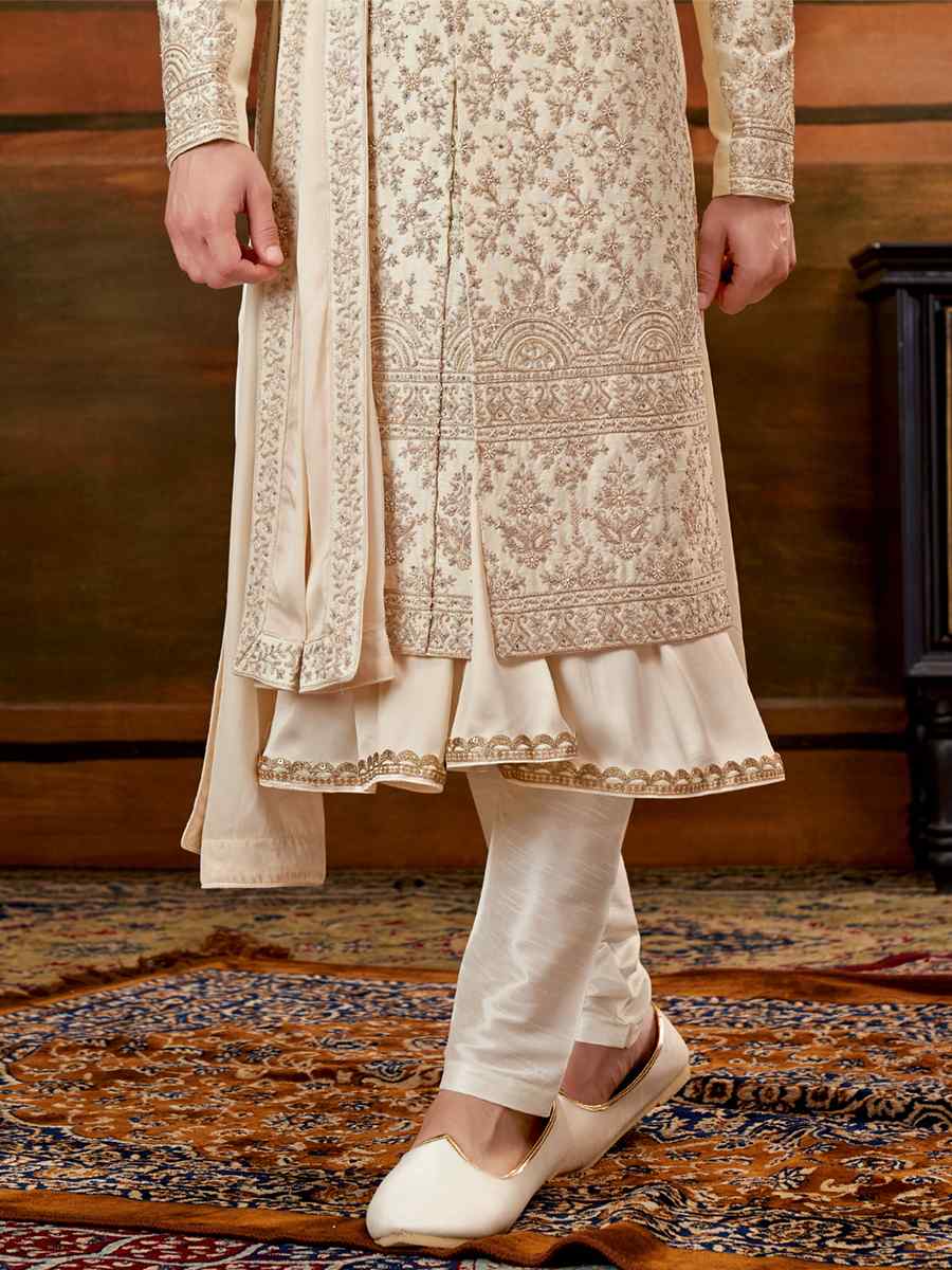 Cream Art Silk Embroidered Wedding Groom Sherwani