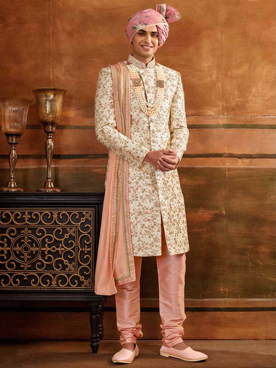 Cream Art Silk Embroidered Wedding Groom Sherwani