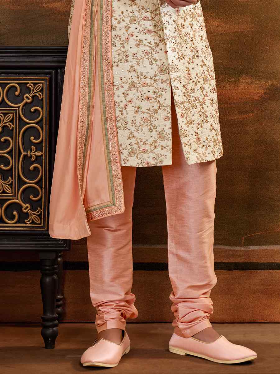 Cream Art Silk Embroidered Wedding Groom Sherwani