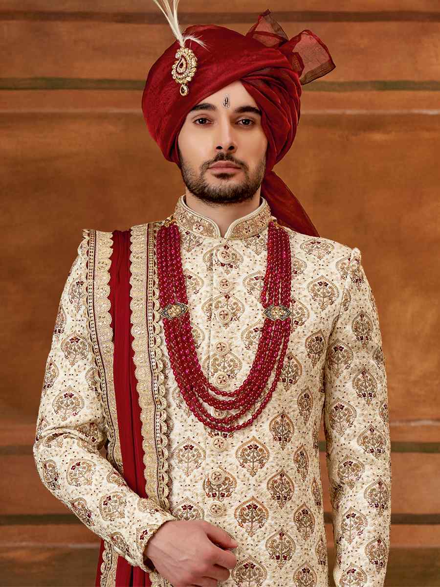 Cream Art Silk Embroidered Wedding Groom Sherwani