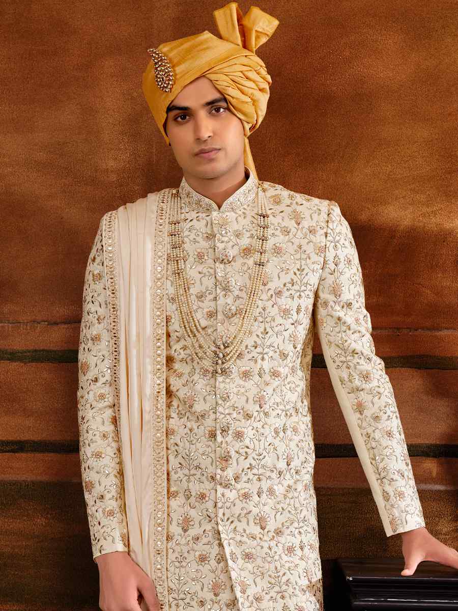Cream Art Silk Embroidered Wedding Groom Sherwani