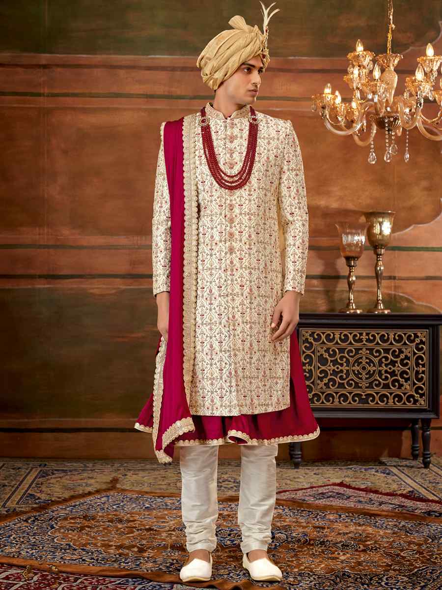 Cream Art Silk Embroidered Wedding Groom Sherwani