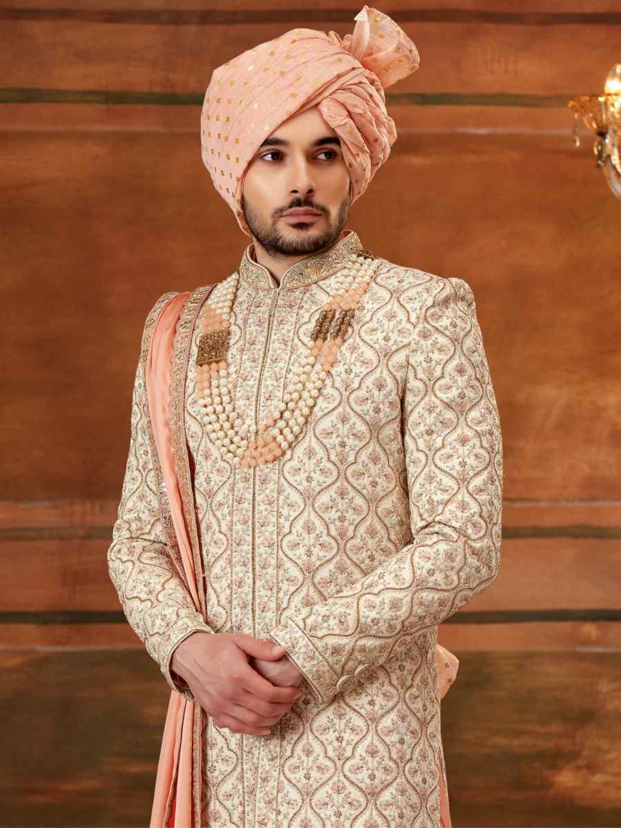 Cream Art Silk Embroidered Wedding Groom Sherwani