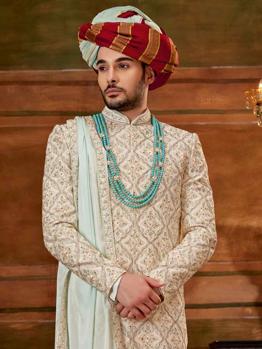 Cream Art Silk Embroidered Wedding Groom Sherwani