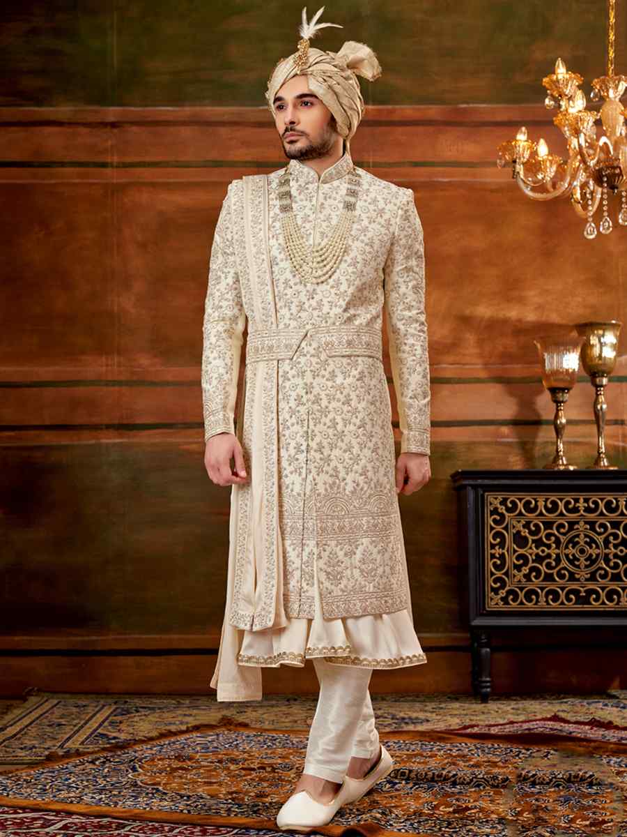 Cream Art Silk Embroidered Wedding Groom Sherwani