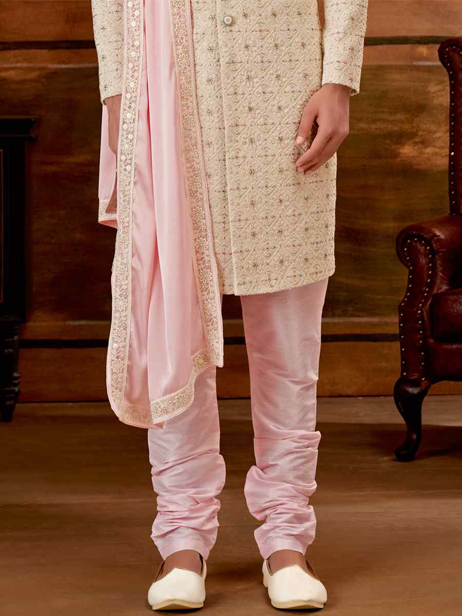 Cream Art Silk Embroidered Wedding Groom Sherwani