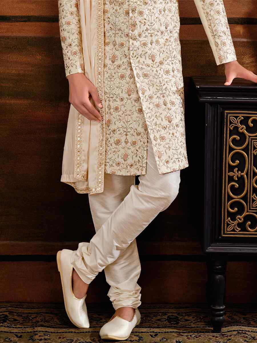 Cream Art Silk Embroidered Wedding Groom Sherwani