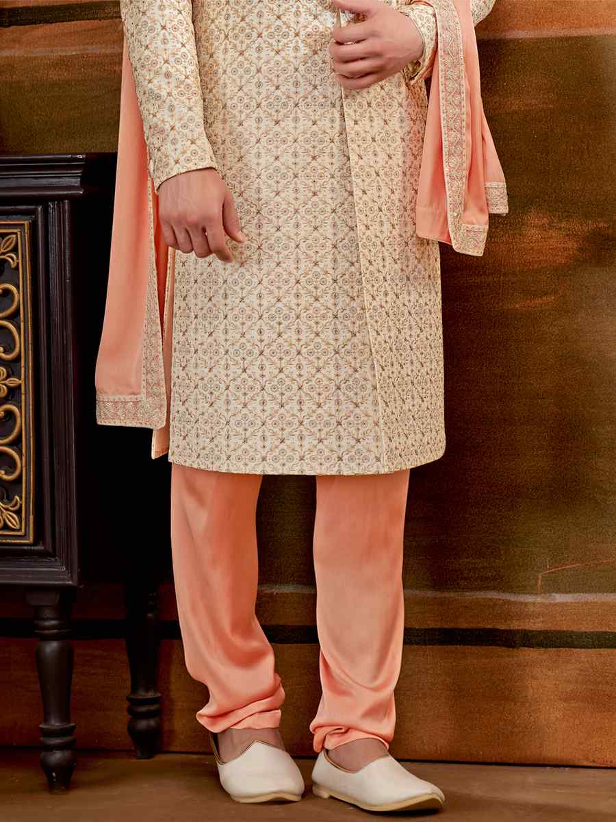 Cream Art Silk Embroidered Wedding Groom Sherwani