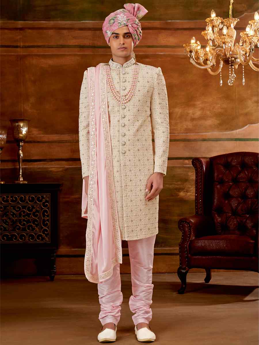 Cream Art Silk Embroidered Wedding Groom Sherwani