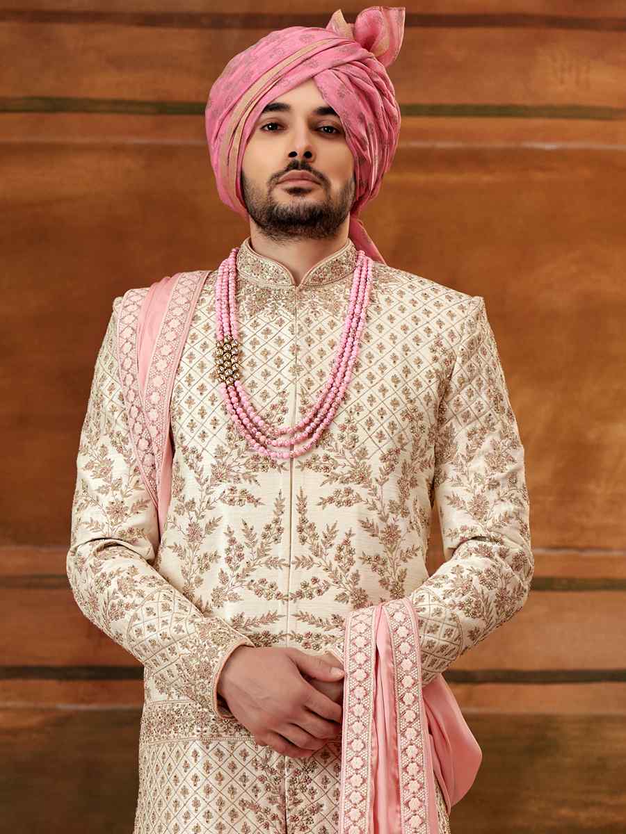 Cream Art Silk Embroidered Wedding Groom Sherwani