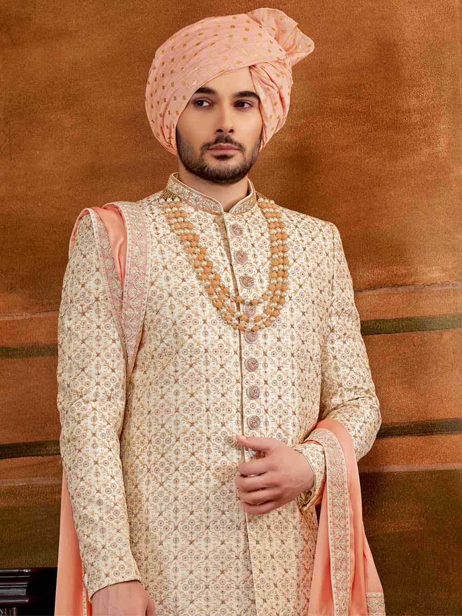 Cream Art Silk Embroidered Wedding Groom Sherwani