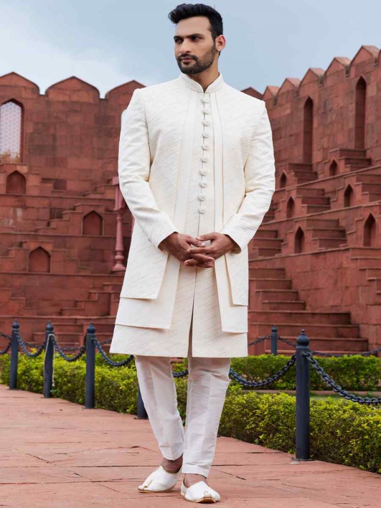 Cream Art Silk Embroidered Wedding Party Sherwani