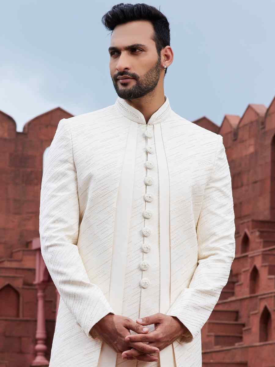 Cream Art Silk Embroidered Wedding Party Sherwani