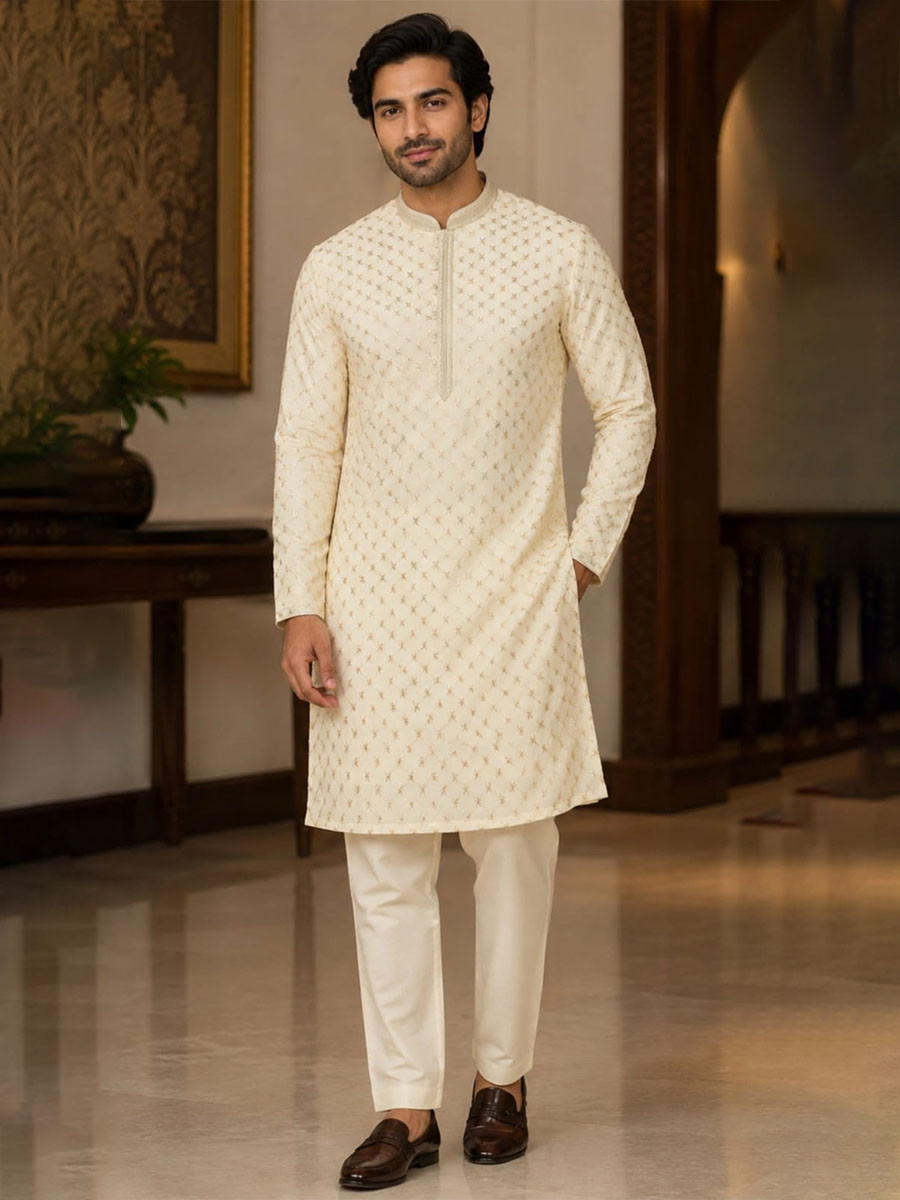 Cream Art Silk Embroidery Wedding Party Festival Casual Mens Wear Kurta