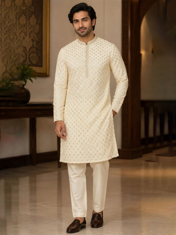 Image of Cream Art Silk Embroidery Wedding Party Festival Casual Mens Wear Kurta