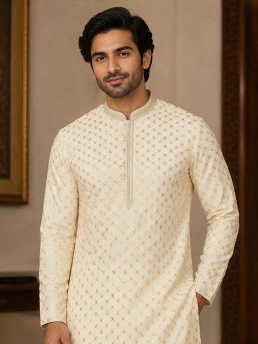 Cream Art Silk Embroidery Wedding Party Festival Casual Mens Wear Kurta