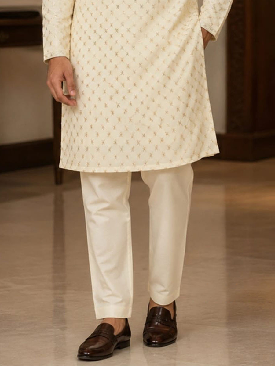 Cream Art Silk Embroidery Wedding Party Festival Casual Mens Wear Kurta