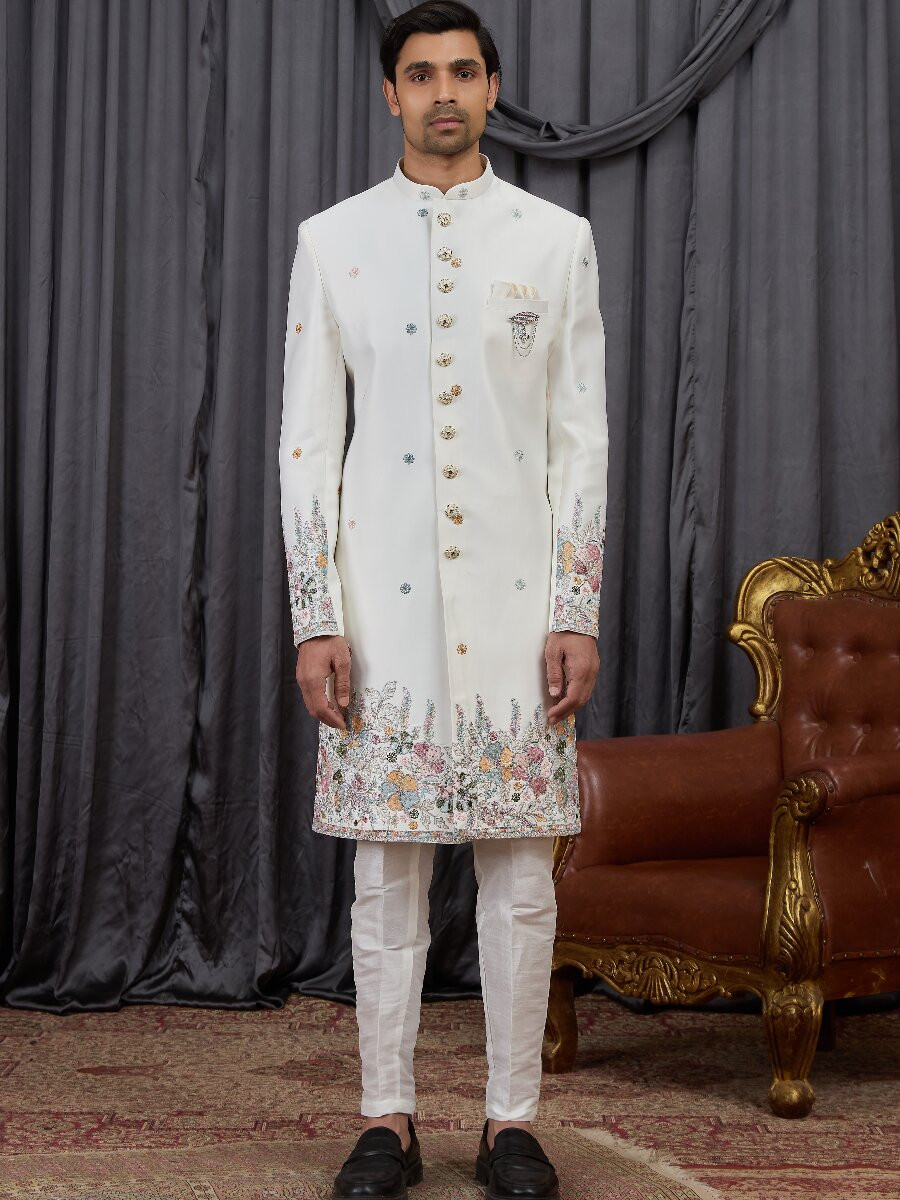 Cream Art silk Embroidery Wedding Party Festival Groom Sherwani
