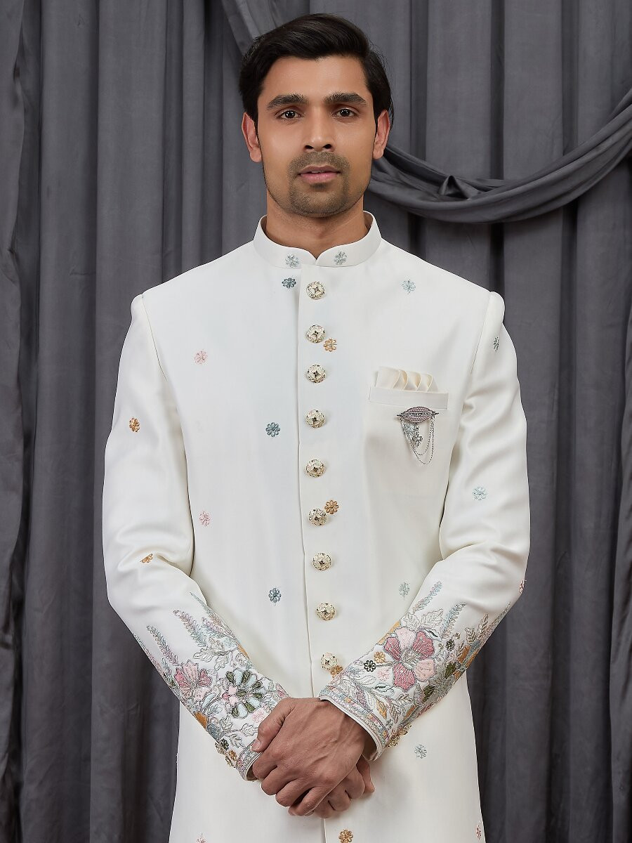 Cream Art silk Embroidery Wedding Party Festival Groom Sherwani