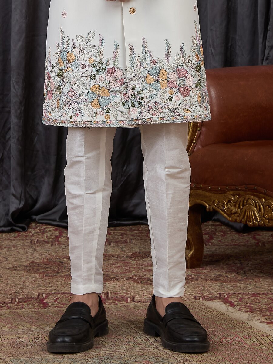 Cream Art silk Embroidery Wedding Party Festival Groom Sherwani