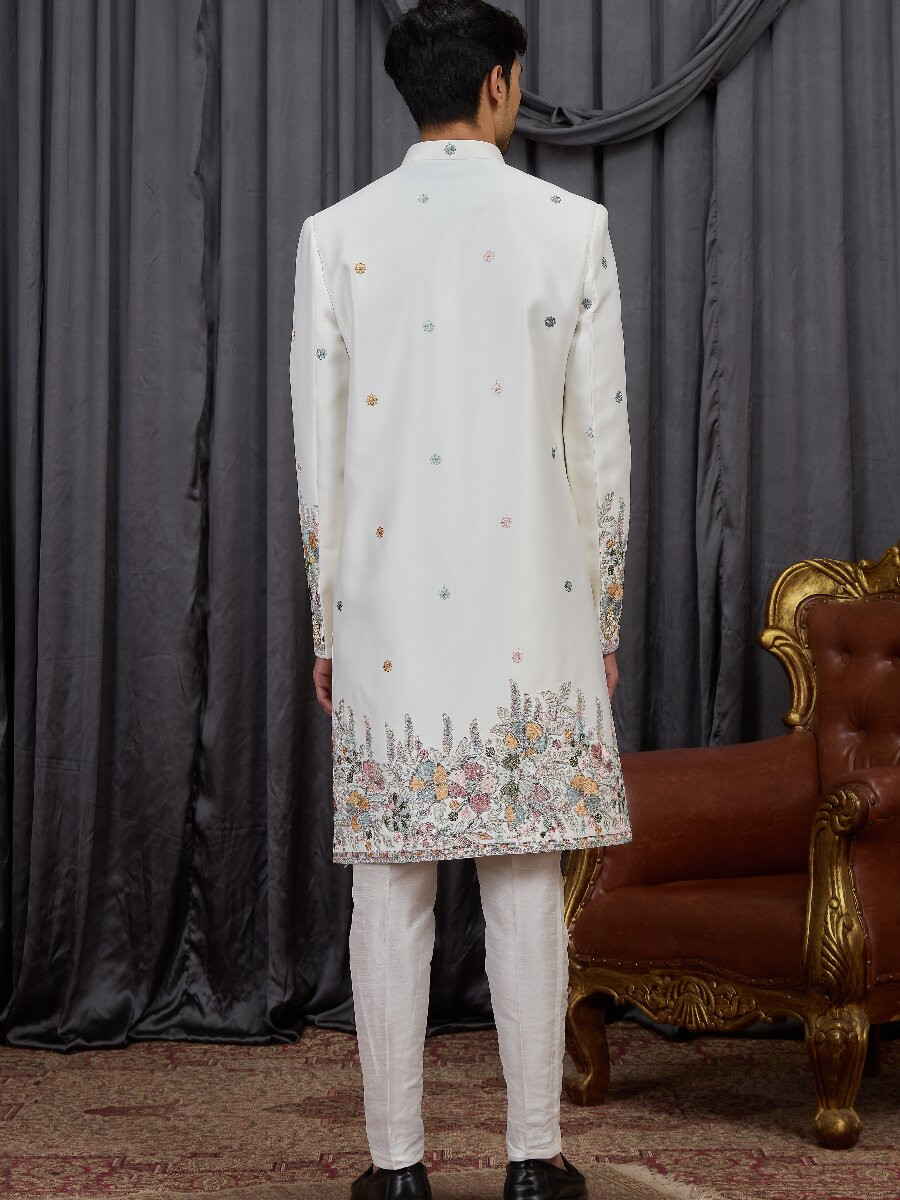 Cream Art silk Embroidery Wedding Party Festival Groom Sherwani