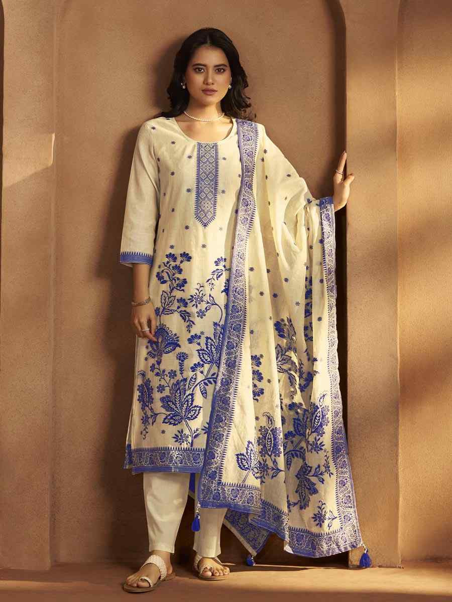 Cream Art Silk Handwoven Party Festival Casual Ready Pant Salwar Kameez