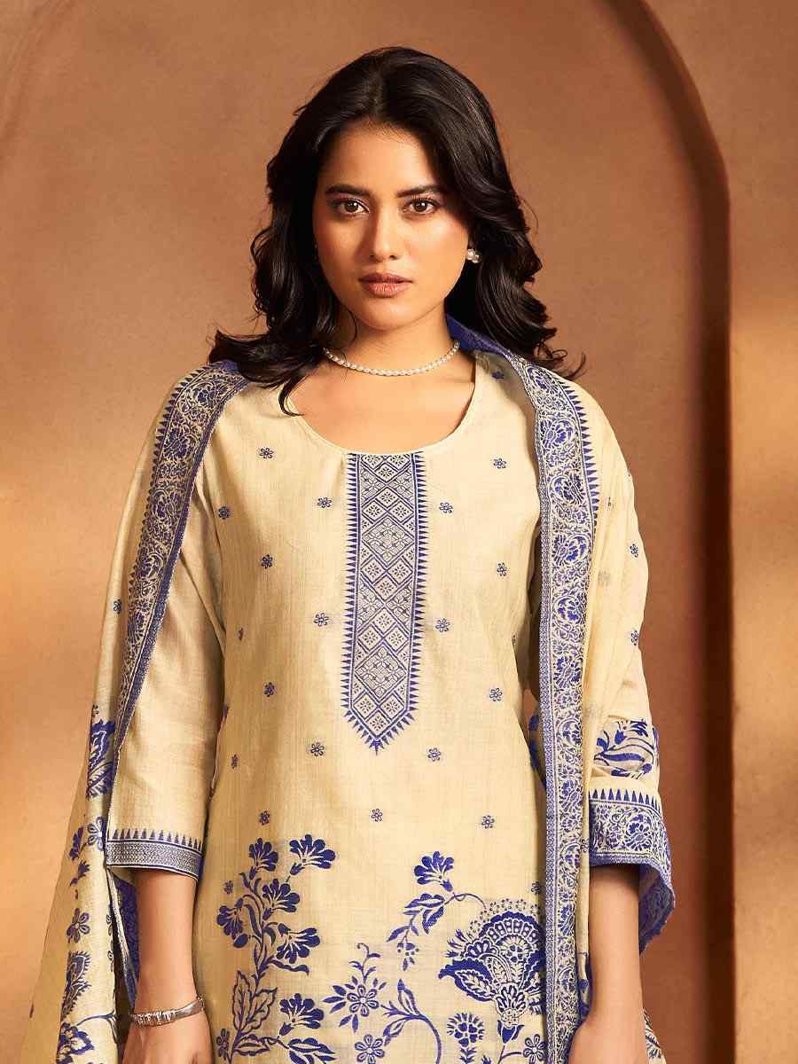 Cream Art Silk Handwoven Party Festival Casual Ready Pant Salwar Kameez