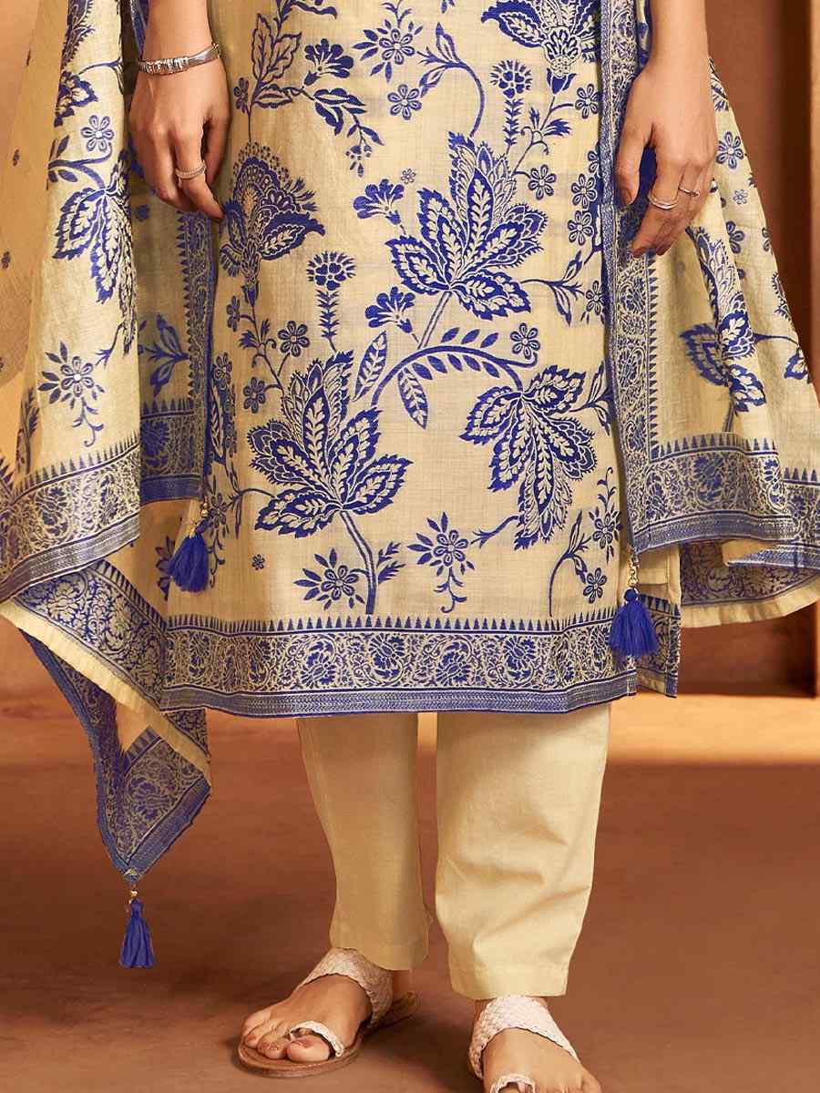 Cream Art Silk Handwoven Party Festival Casual Ready Pant Salwar Kameez