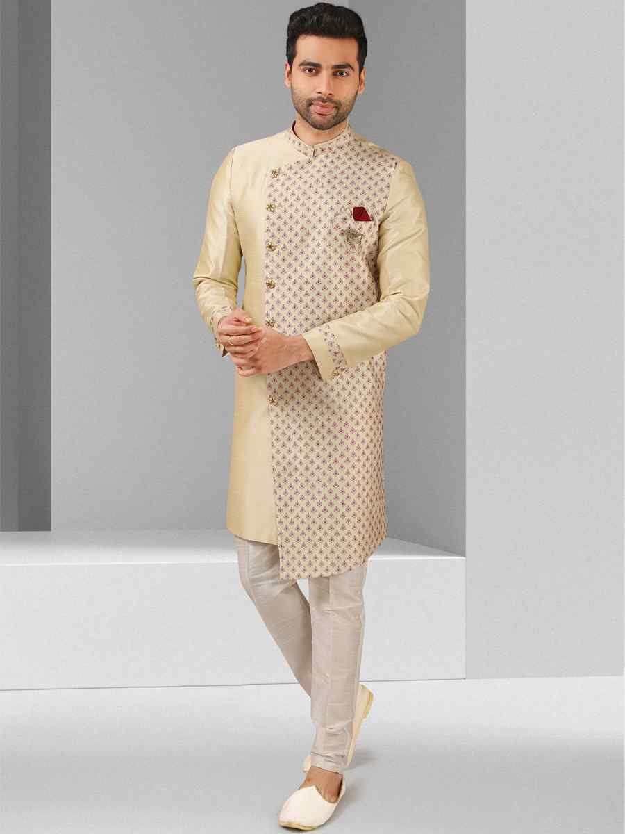 Cream Art Silk Plain Printed Party Wedding Sherwani