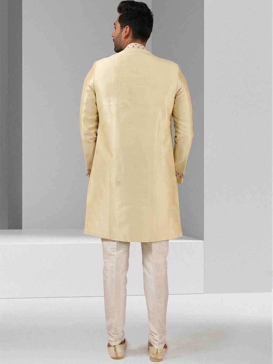 Cream Art Silk Plain Printed Party Wedding Sherwani