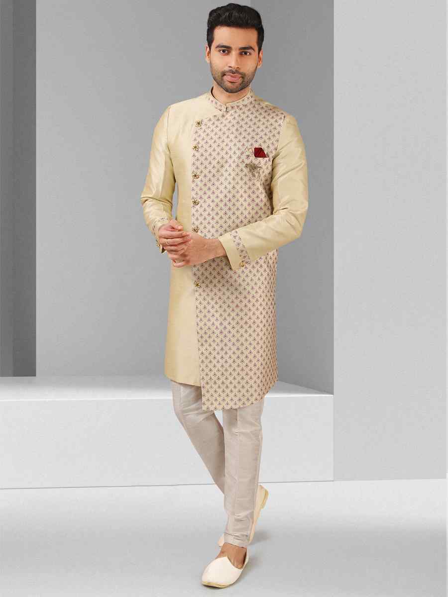 Cream Art Silk Plain Printed Party Wedding Sherwani