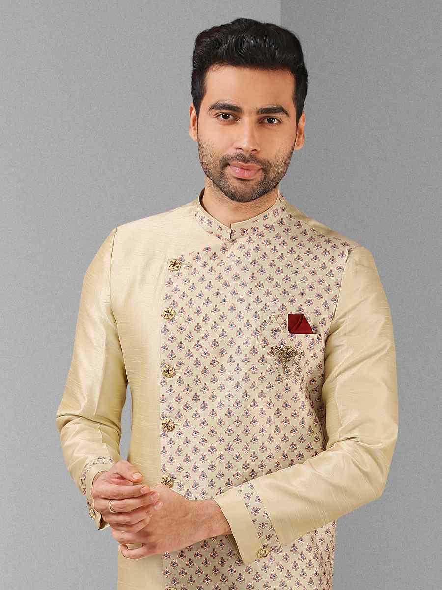 Cream Art Silk Plain Printed Party Wedding Sherwani