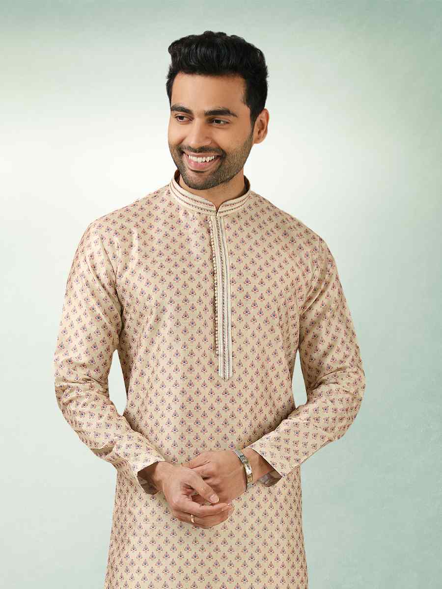 Cream Art Silk Printed Festival Kurta