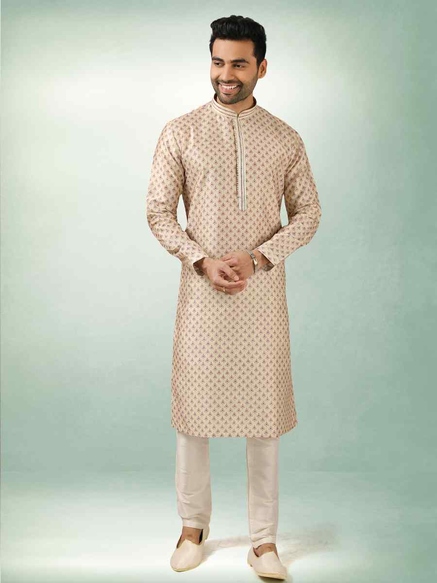 Cream Art Silk Printed Festival Kurta
