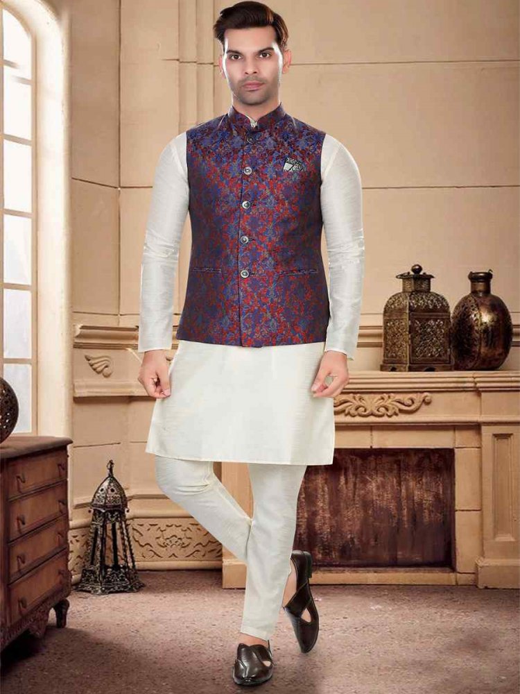 Cream Art Silk Woven Festival Party Kurta