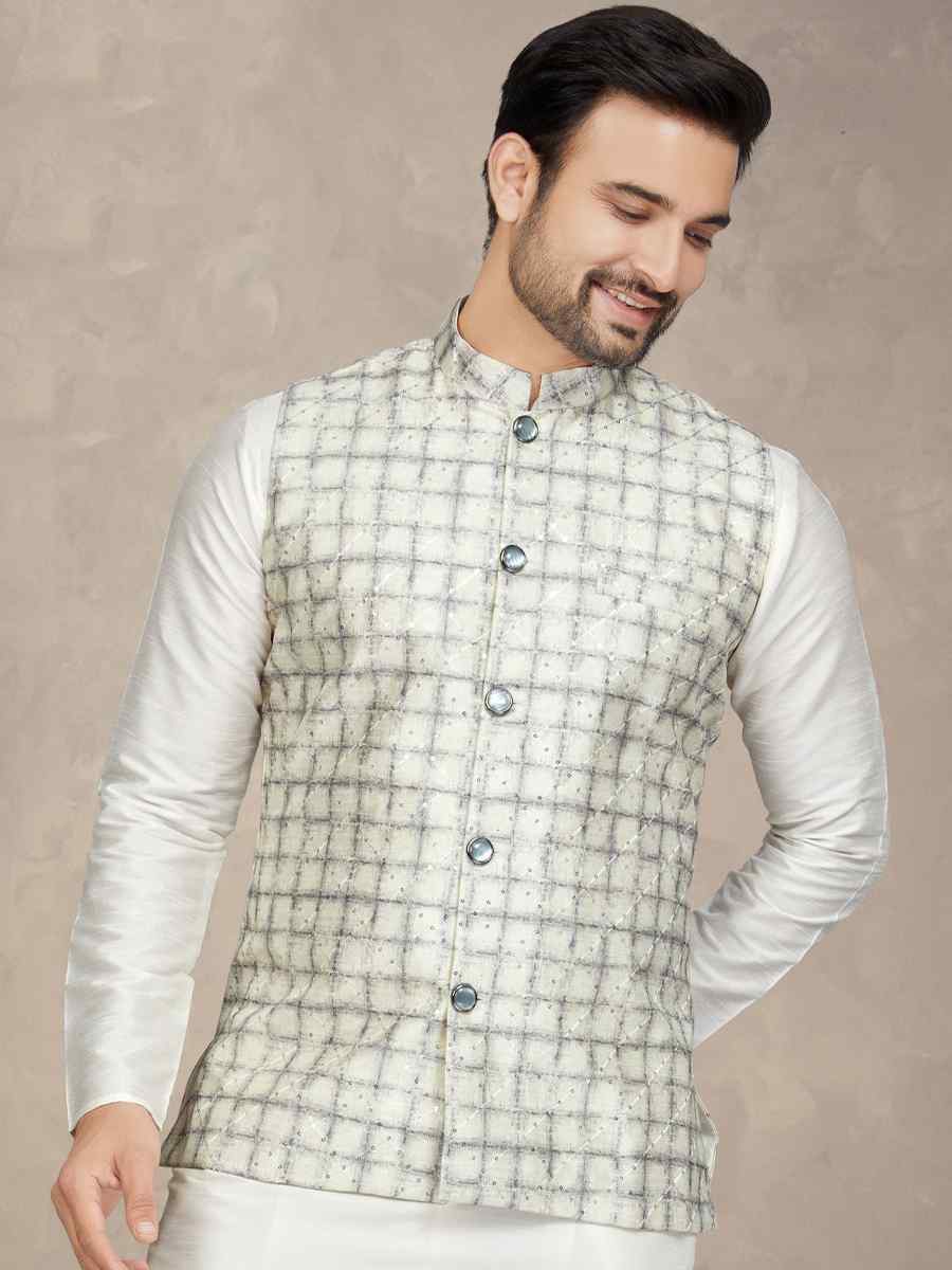 Cream Art Silk Woven Festival Party Kurta