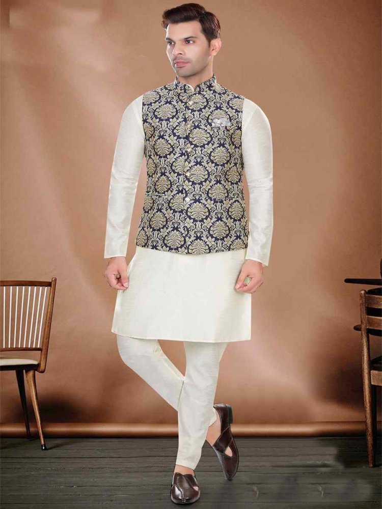 Cream Art Silk Woven Festival Party Kurta