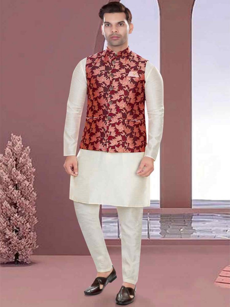 Cream Art Silk Woven Festival Party Kurta