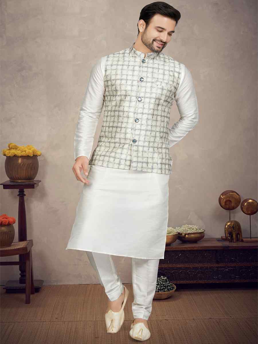 Cream Art Silk Woven Festival Party Kurta