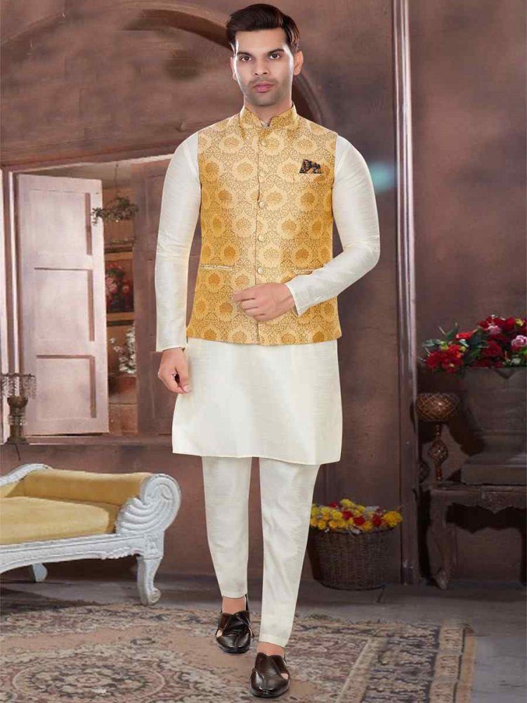 Cream Art Silk Woven Festival Party Kurta