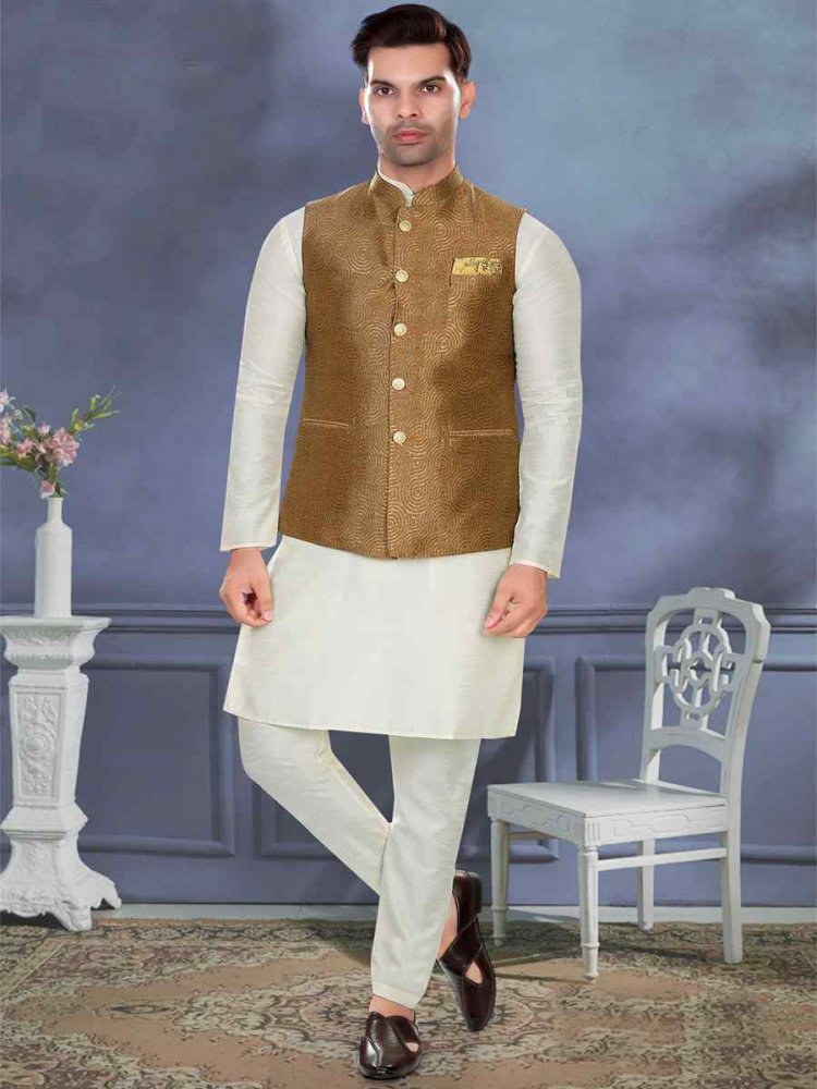Cream Art Silk Woven Festival Party Kurta