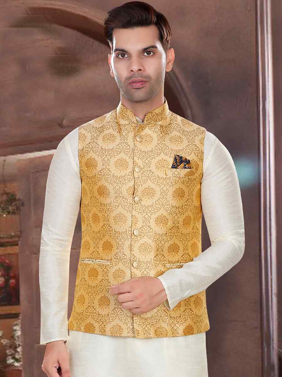 Cream Art Silk Woven Festival Party Kurta