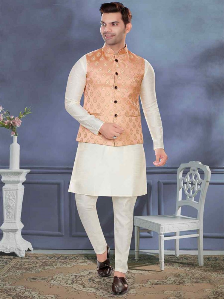 Cream Art Silk Woven Festival Party Kurta