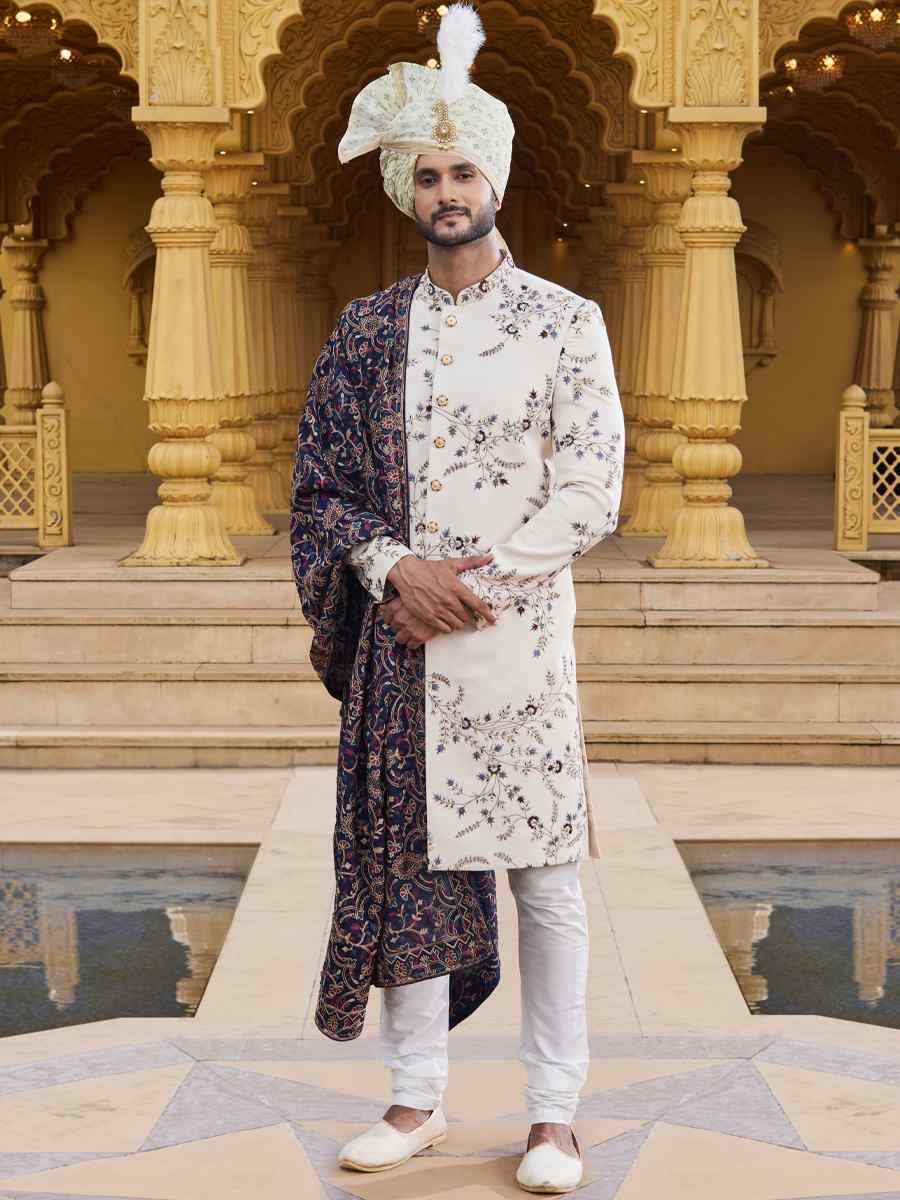 Cream Art Silk Woven Wedding Groom Sherwani