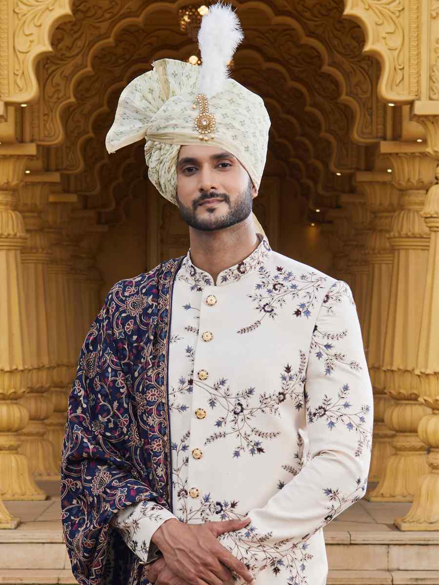 Cream Art Silk Woven Wedding Groom Sherwani