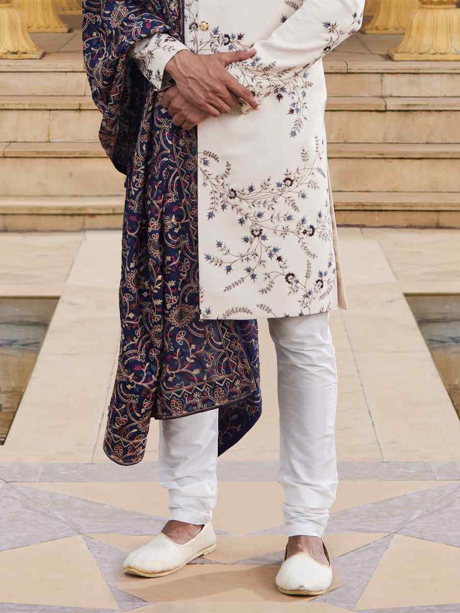 Cream Art Silk Woven Wedding Groom Sherwani