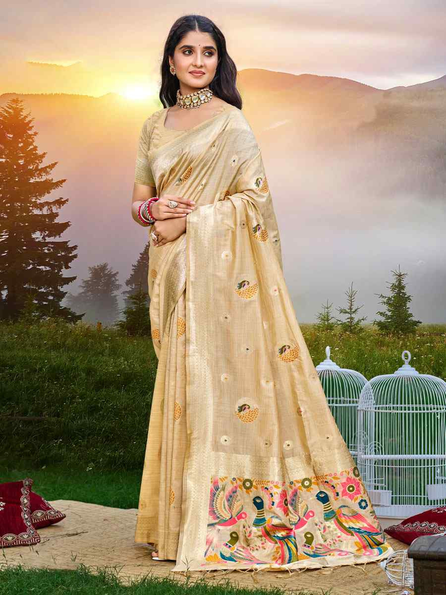 Cream Assam Silk Handwoven Traditional Bridal Reception Festival Wedding Fancy Classic Style Sarees