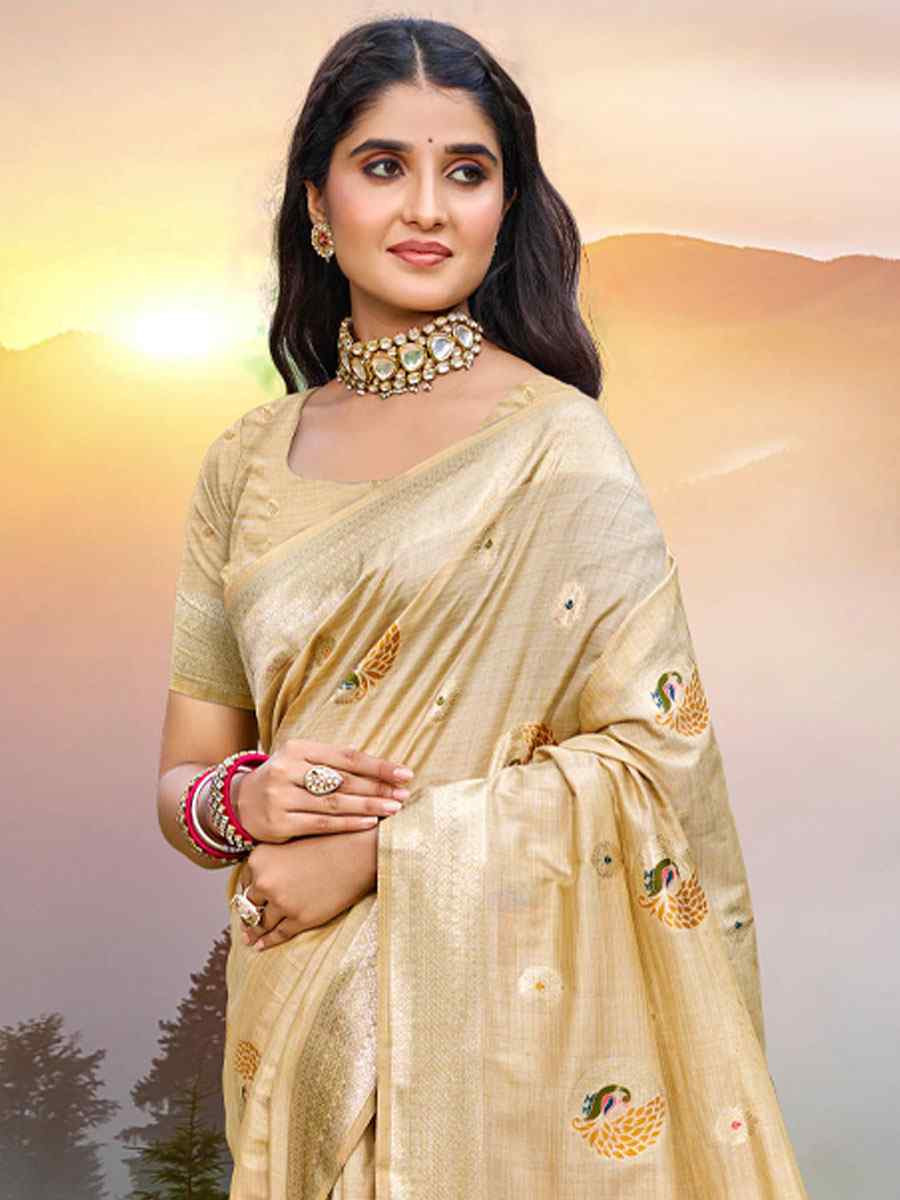 Cream Assam Silk Handwoven Traditional Bridal Reception Festival Wedding Fancy Classic Style Sarees