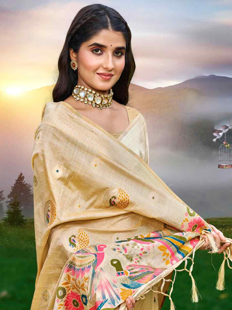 Cream Assam Silk Handwoven Traditional Bridal Reception Festival Wedding Fancy Classic Style Sarees